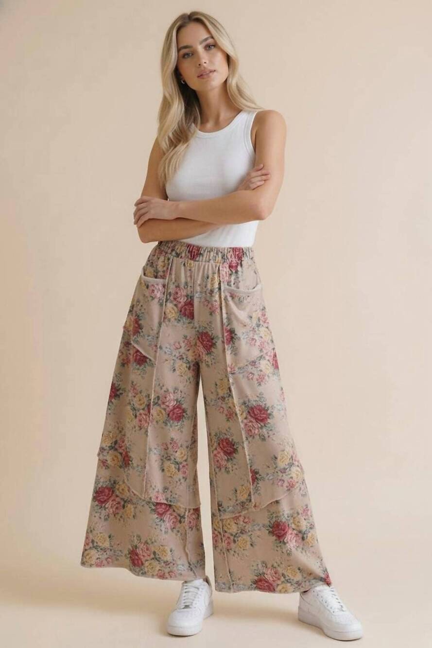 NEW HAPTICS elastic waist wide leg vintage floral pant in oatmeal